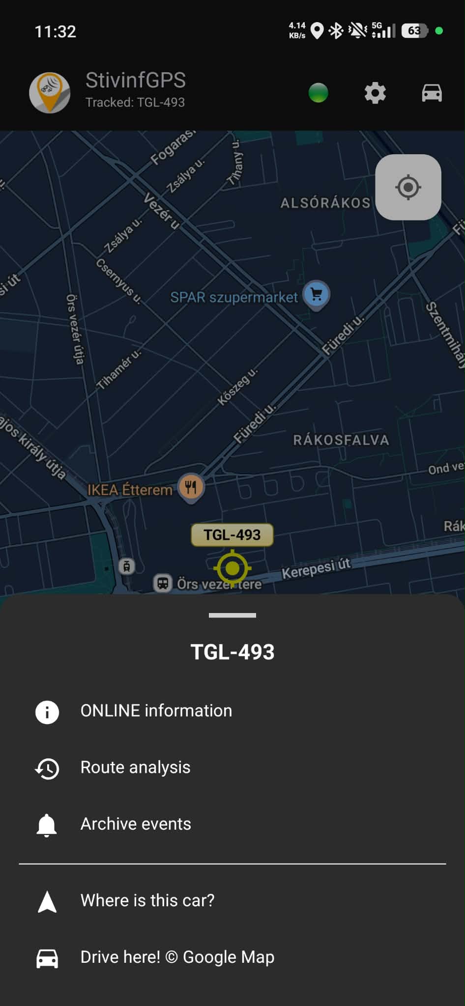 StivinfGPS Android alkalmazás: járműműveletek