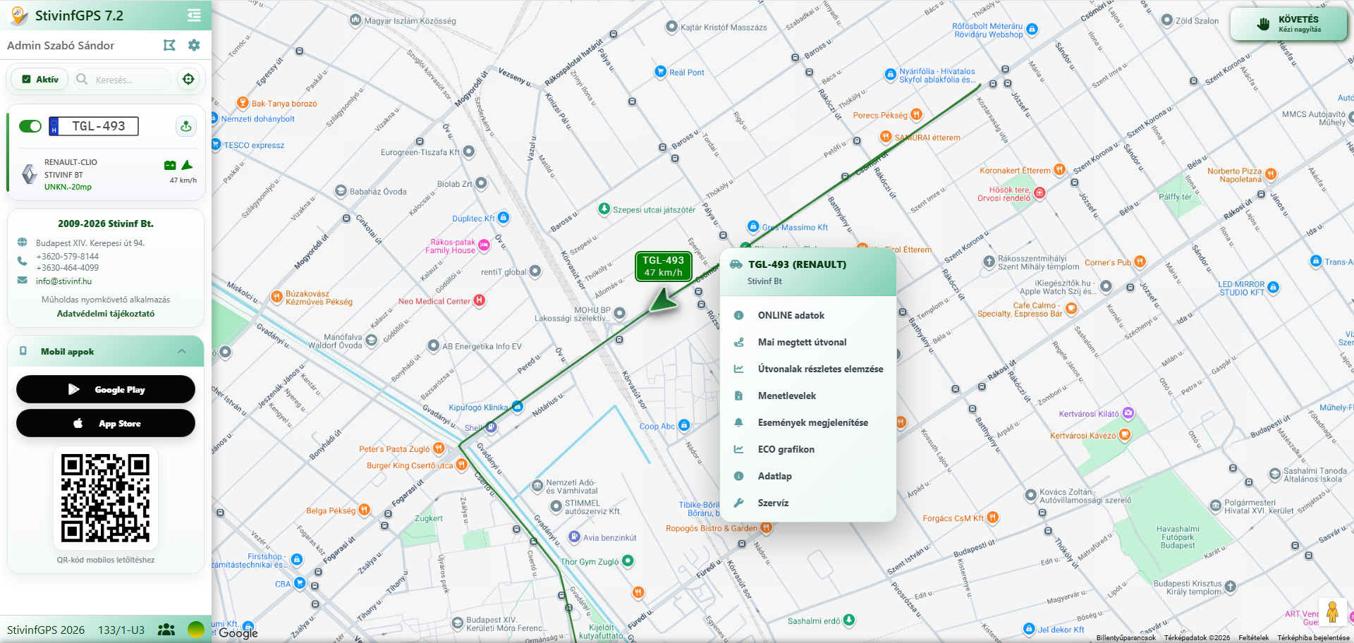 StivinfGPS térképes műveleti menü