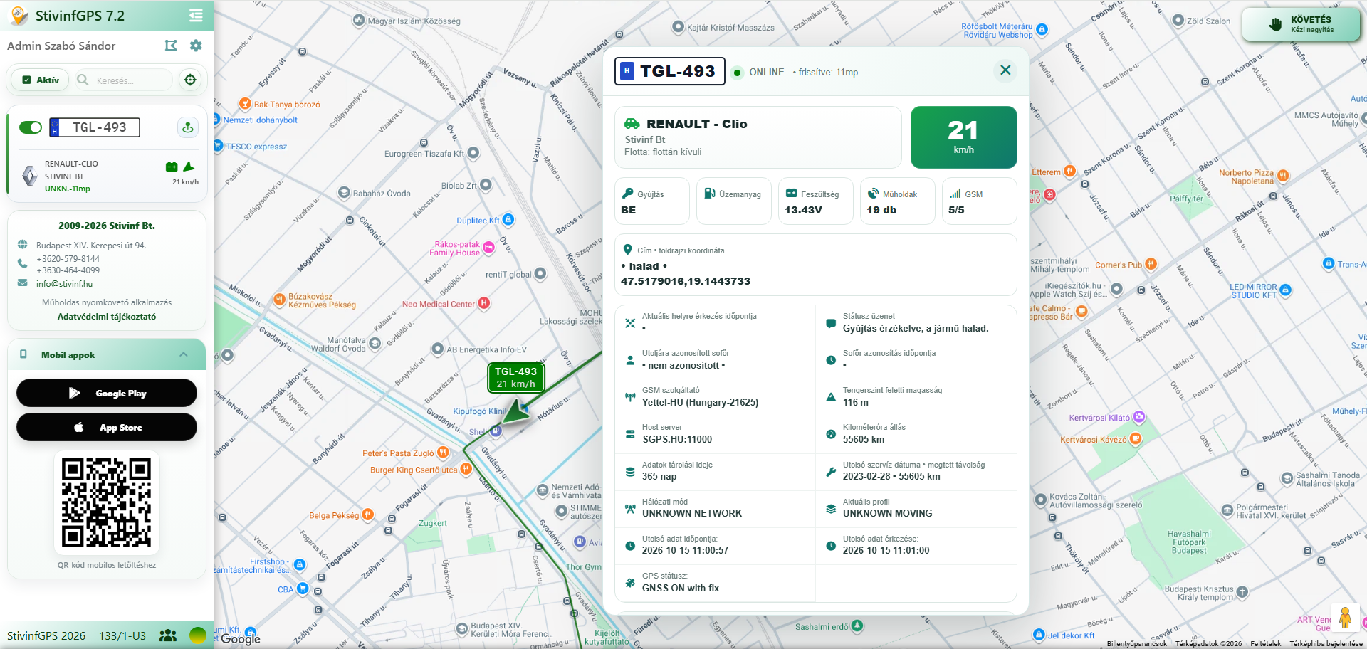 StivinfGPS járműadatok a böngészős felületen